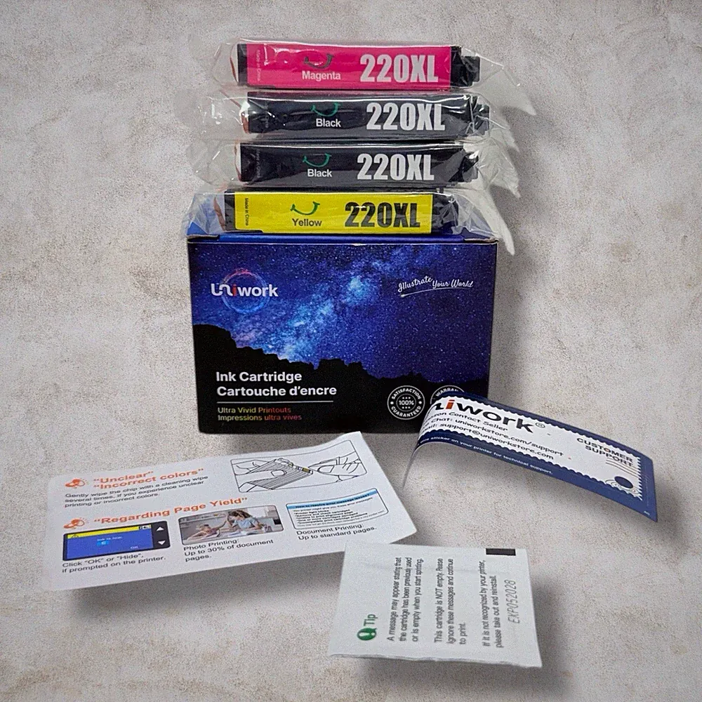 4 Pack Uniwork T220 220XL Ink Cartridges, for Epson Printer: 2B, 1M, and 1Y