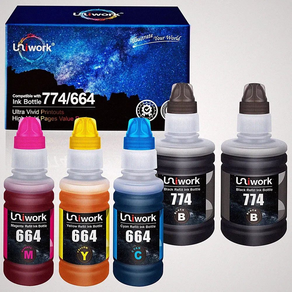 Uniwork Compatible Epson 774 664 Refill Ink Bottles Set of 5 Colors 140ml 70ml